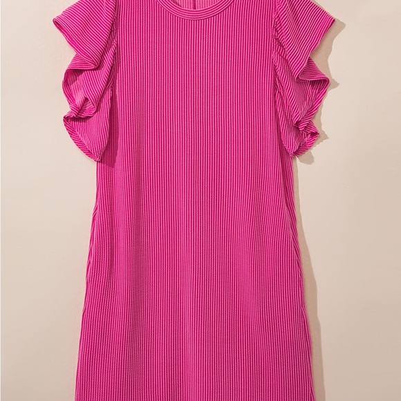 Jocelyn Ribbed Ruffle sleeve TShirt dress with pockets - Picture 1 of 5